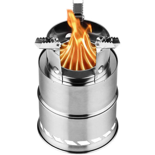Stainless steel wood-burning camp stove with a flame rising between its three folding pot arms