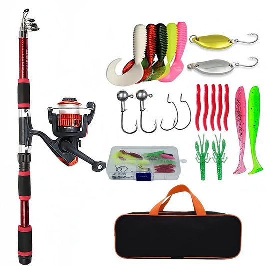 Red telescopic fishing rod with its spinning reel, soft lures, two spoons, jig heads, hooks, a clear tackle box and a black carry bag