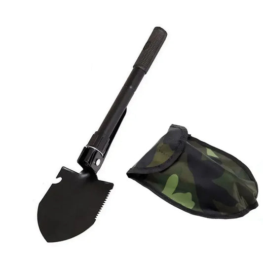 Black folding shovel unfolded, with its camouflage carry pouch