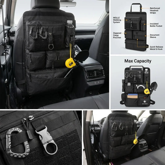 Labeled diagram of the black seat-back organizer showing the MOLLE webbing, reinforced headrest straps, insulated bottle pocket, zippered cargo pouches, document sleeve and quick-release metal G-hook, with a loaded capacity view