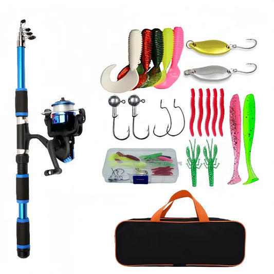 Blue telescopic fishing rod with its spinning reel, soft lures, two spoons, jig heads, hooks, a clear tackle box and a black carry bag