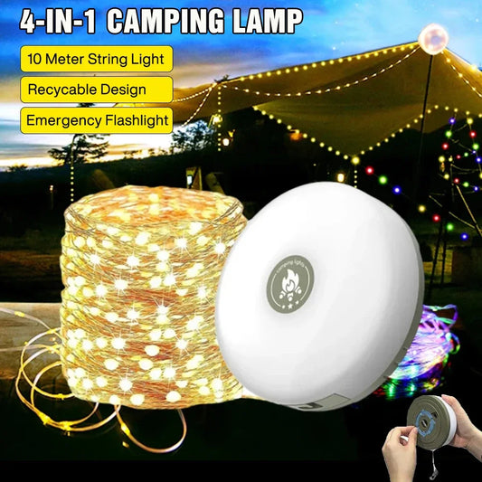 Coil of lit warm white string light beside the round white camp light, with a tarp hung with string lights behind