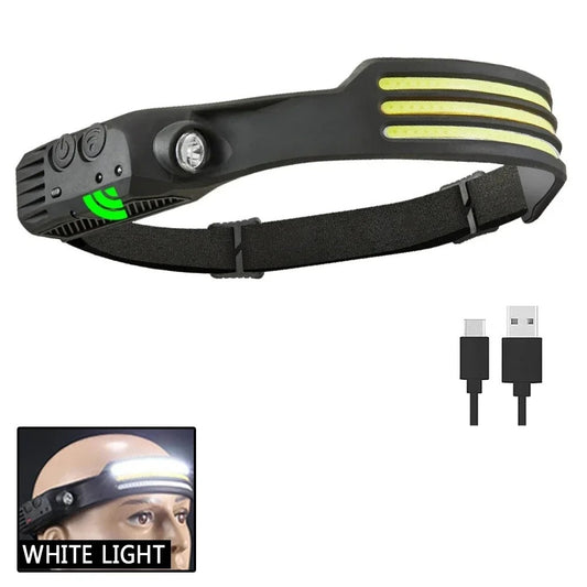 Headlamp with three COB strips and a center spot, shown with its USB-C charging cable and a small picture of the white light in use
