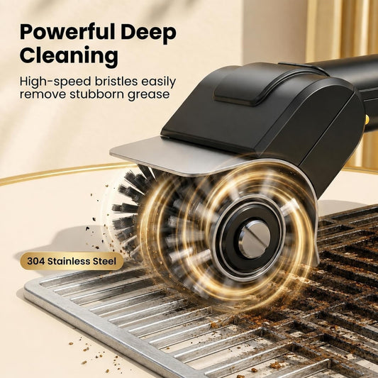 The brush working along a dirty grill grate, its stainless steel head spinning under the guard