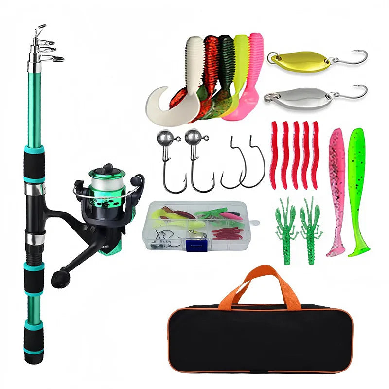 Green telescopic fishing rod with its spinning reel, soft lures, two spoons, jig heads, hooks, a clear tackle box and a black carry bag