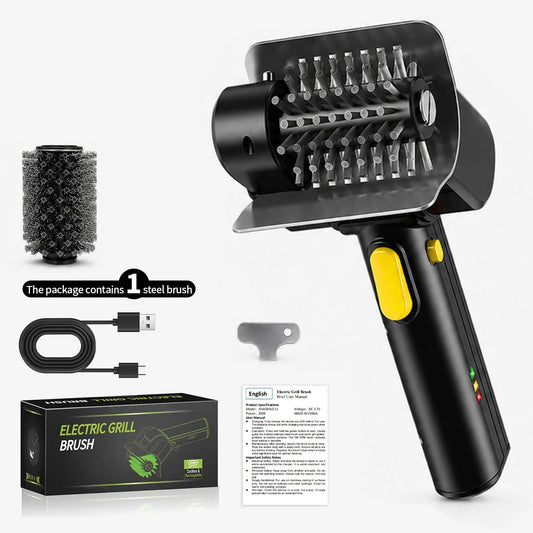 Cordless electric grill brush with one stainless steel brush head, a charging cable, the head-removal key and its box