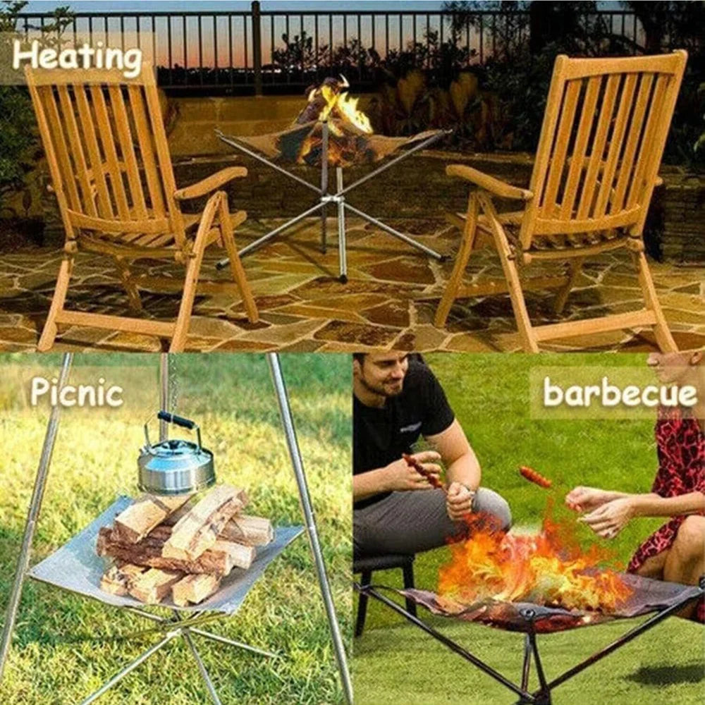 Three uses of the fire pit: heating between two garden chairs, a picnic fire with a kettle, and a barbecue with friends