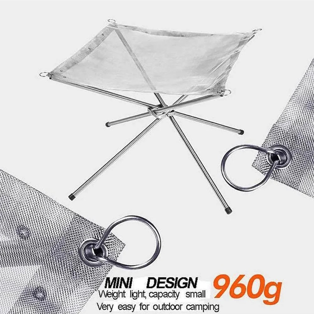 The fire pit with close-ups of the mesh corner rings, labeled mini design, 960 g