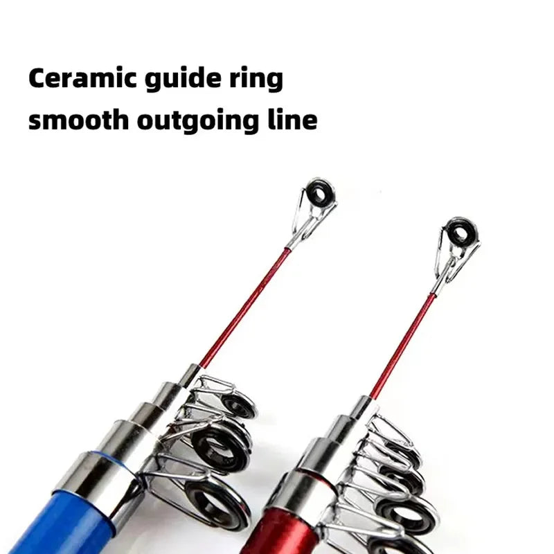 Tips of a blue and a red rod with their guide rings, labeled ceramic guide ring, smooth outgoing line