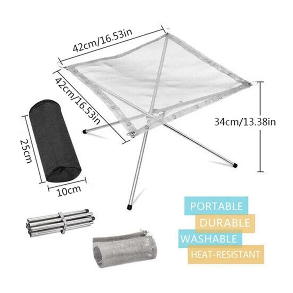 Medium size dimensions: mesh 42 cm / 16.5 in square, 34 cm / 13.4 in high, carry bag 25 by 10 cm