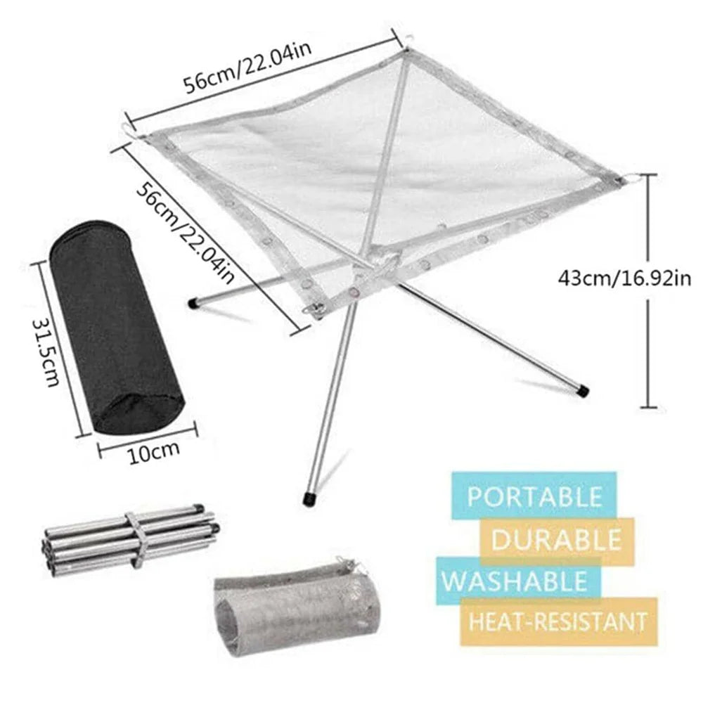 Large size dimensions: mesh 56 cm / 22 in square, 43 cm / 16.9 in high, carry bag 31.5 by 10 cm