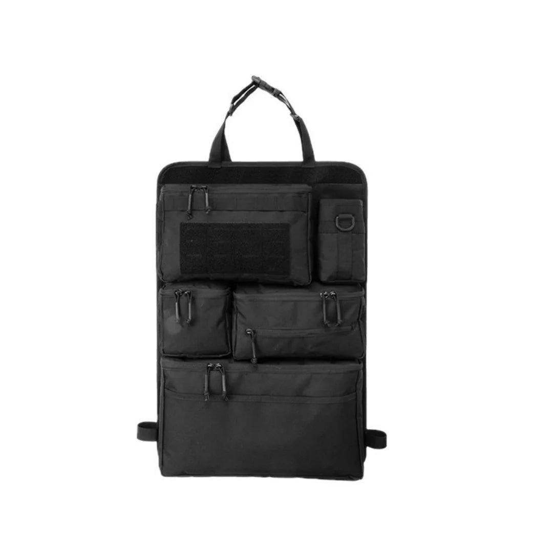 Black seat-back organizer on a plain background, front view showing the top zippered pouch with its MOLLE panel and hook-and-loop field, the side bottle pocket, two zippered pouches below and the wide base compartment