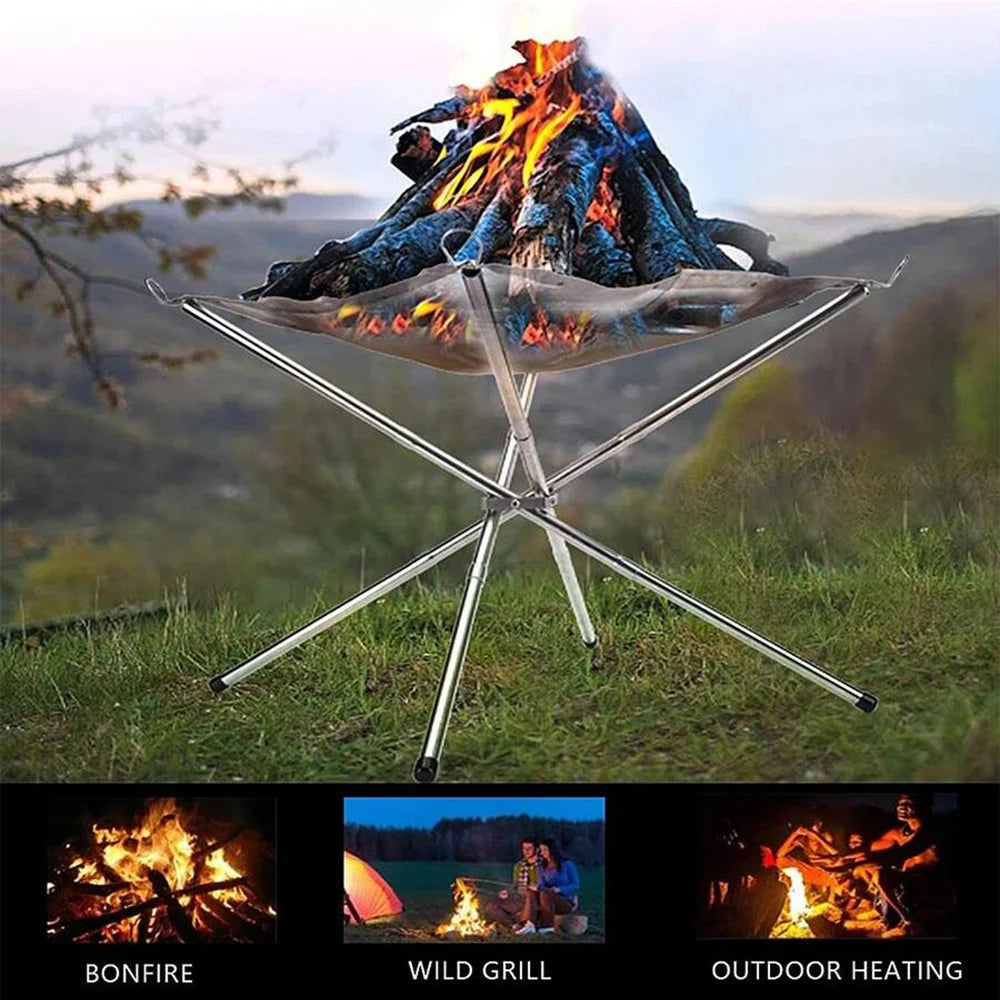 A log fire burning on the fire pit on a grassy hillside at dusk, with three small scenes: bonfire, grilling and outdoor heating