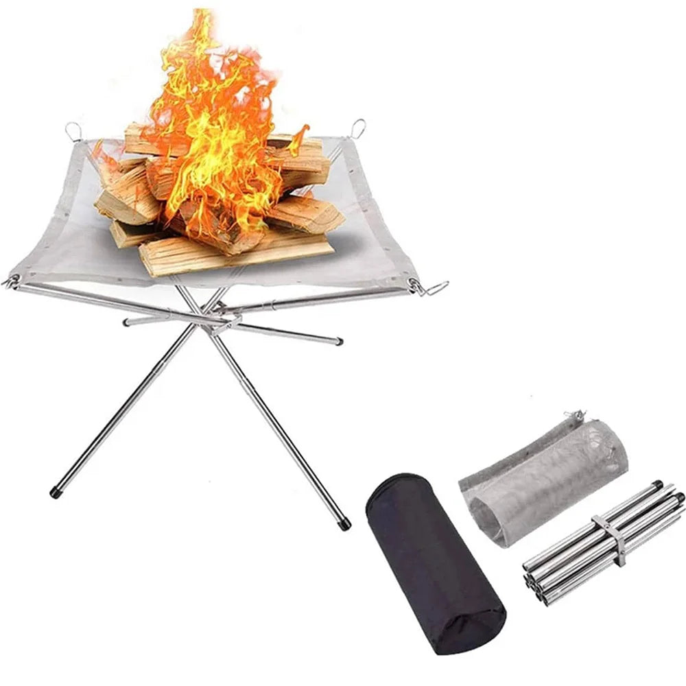 Folding mesh fire pit with a wood fire burning on it, shown beside its rolled mesh, folded legs and black carry bag