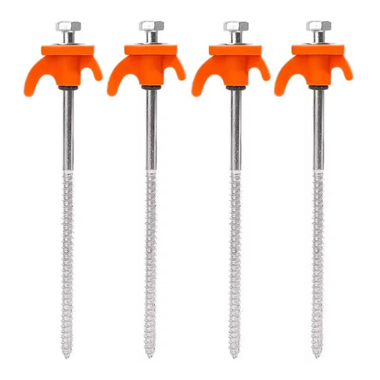 Four screw-in tent stakes with orange hooks lined up in a row on a plain background