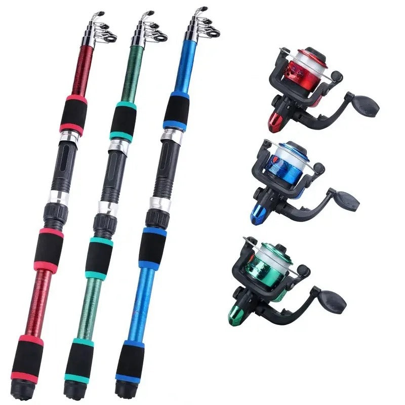 The red, green and blue rods collapsed side by side, next to the three matching spinning reels