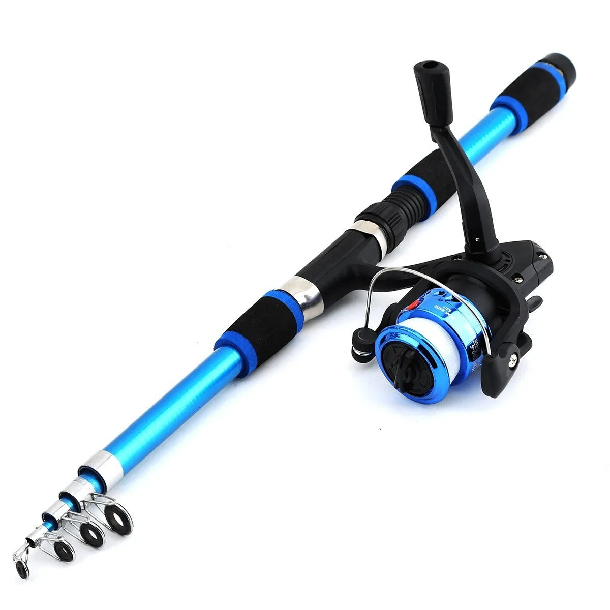 The blue rod partly extended with its blue spinning reel mounted