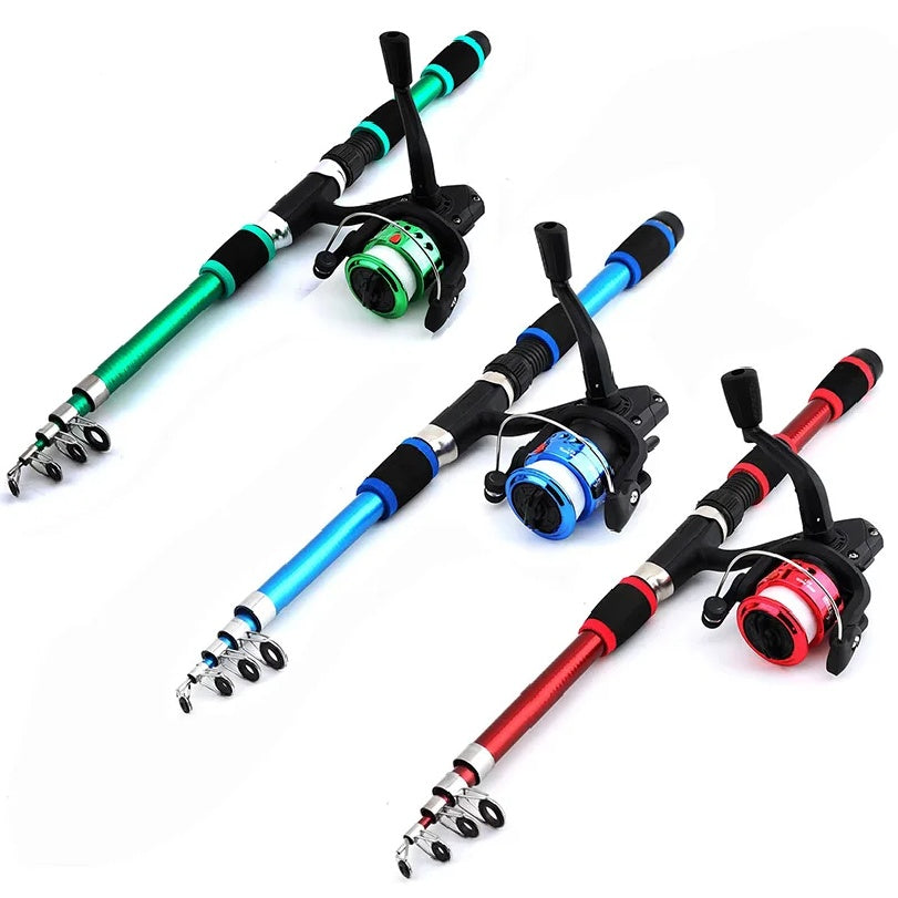 Green, blue and red telescopic rods extended, each with its matching spinning reel mounted