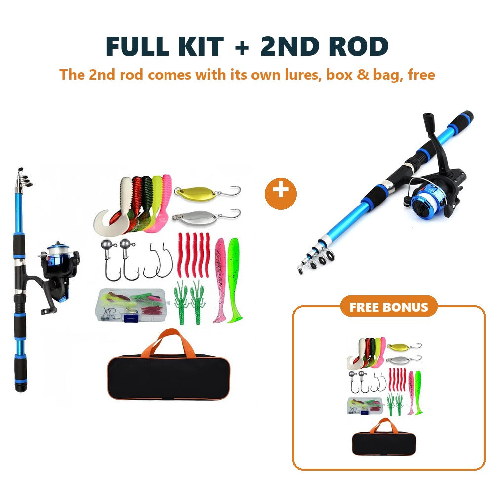 Blue full fishing kit plus a second blue rod and reel, with a free bonus of lures, a tackle box and a carry bag