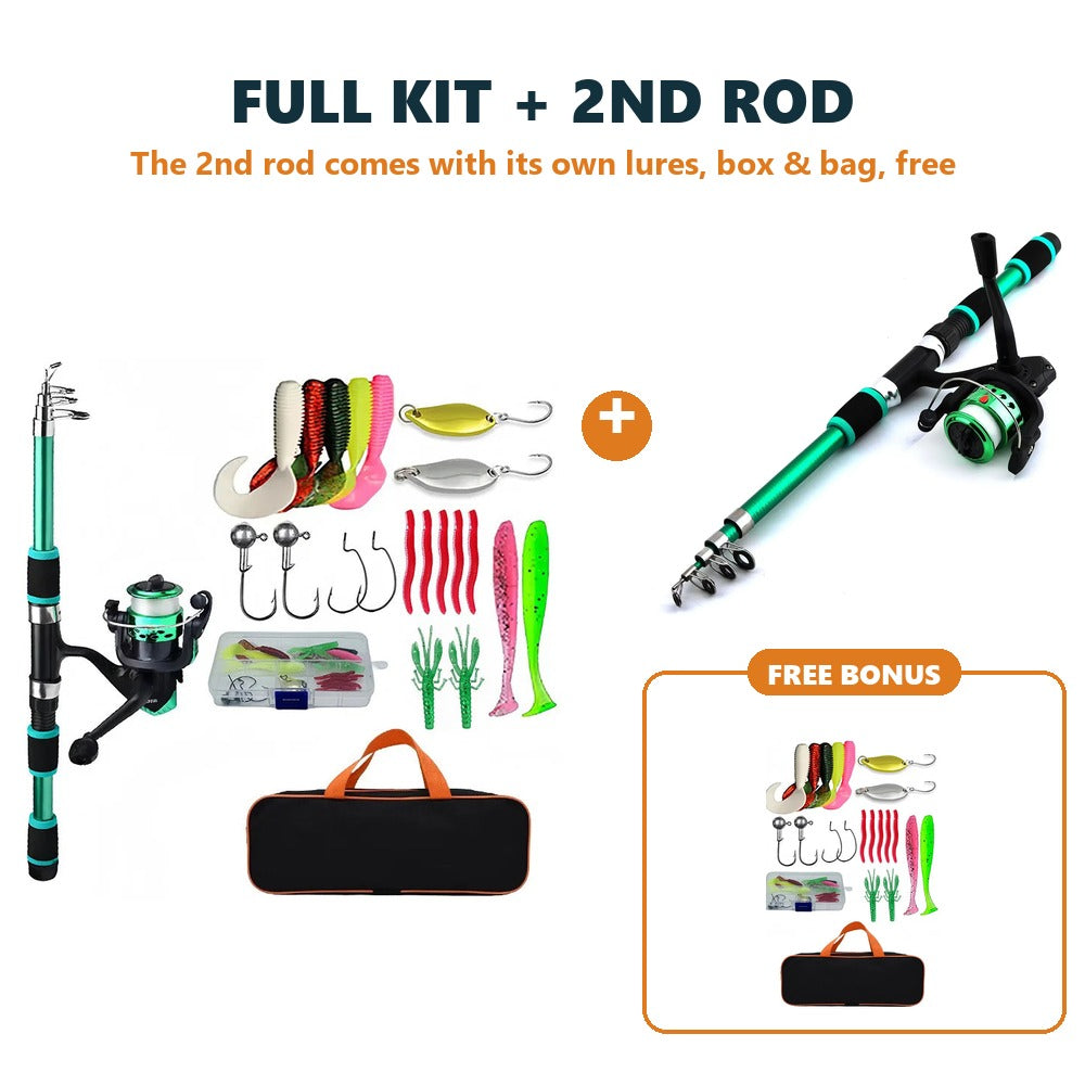 Green full fishing kit plus a second green rod and reel, with a free bonus of lures, a tackle box and a carry bag