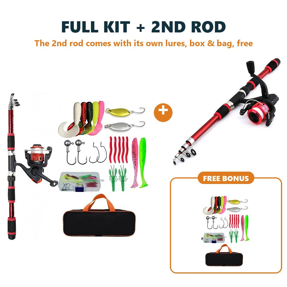 Red full fishing kit plus a second red rod and reel, with a free bonus of lures, a tackle box and a carry bag