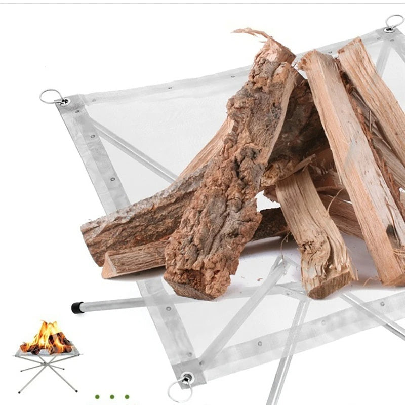 Close view of split logs resting on the stainless steel mesh, with a corner ring hooked over a leg