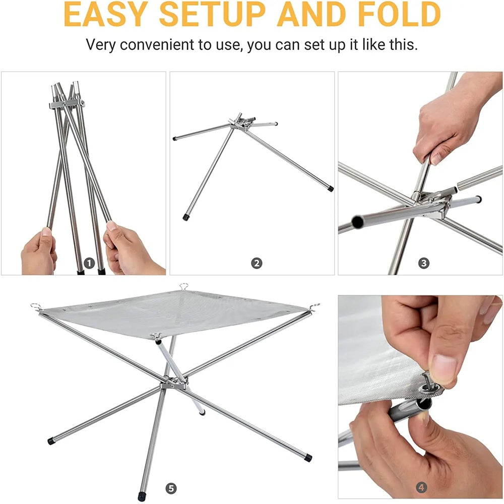 Five setup steps: unfold the four legs, lock the cross, and hook each corner ring of the mesh onto a leg