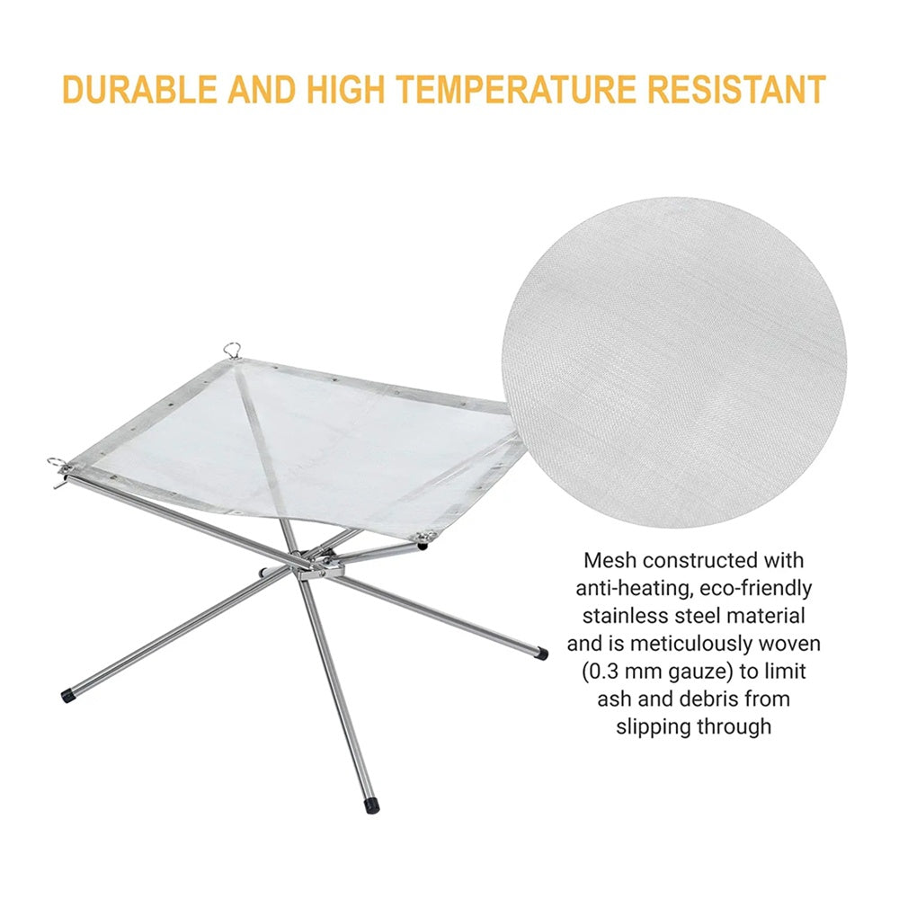 The fire pit empty, with a magnified circle showing the fine weave of the stainless steel mesh