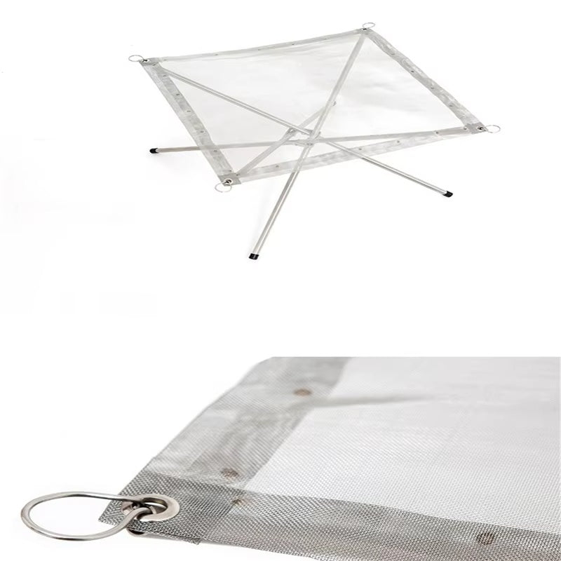 The empty fire pit seen from above and a close-up of a mesh corner with its steel ring