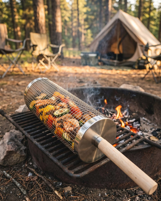 The mesh grill basket full of shrimp, peppers, zucchini and cherry tomatoes on a campfire grate at dusk