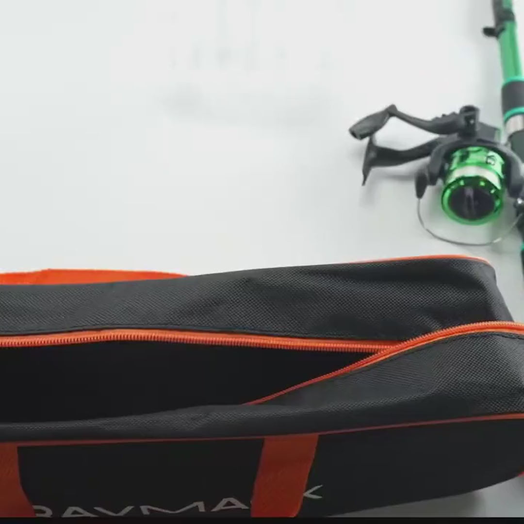 Video: the three rods with their reels, a rod being extended, the reel up close, and the lures, spoons and jig heads from the tackle box