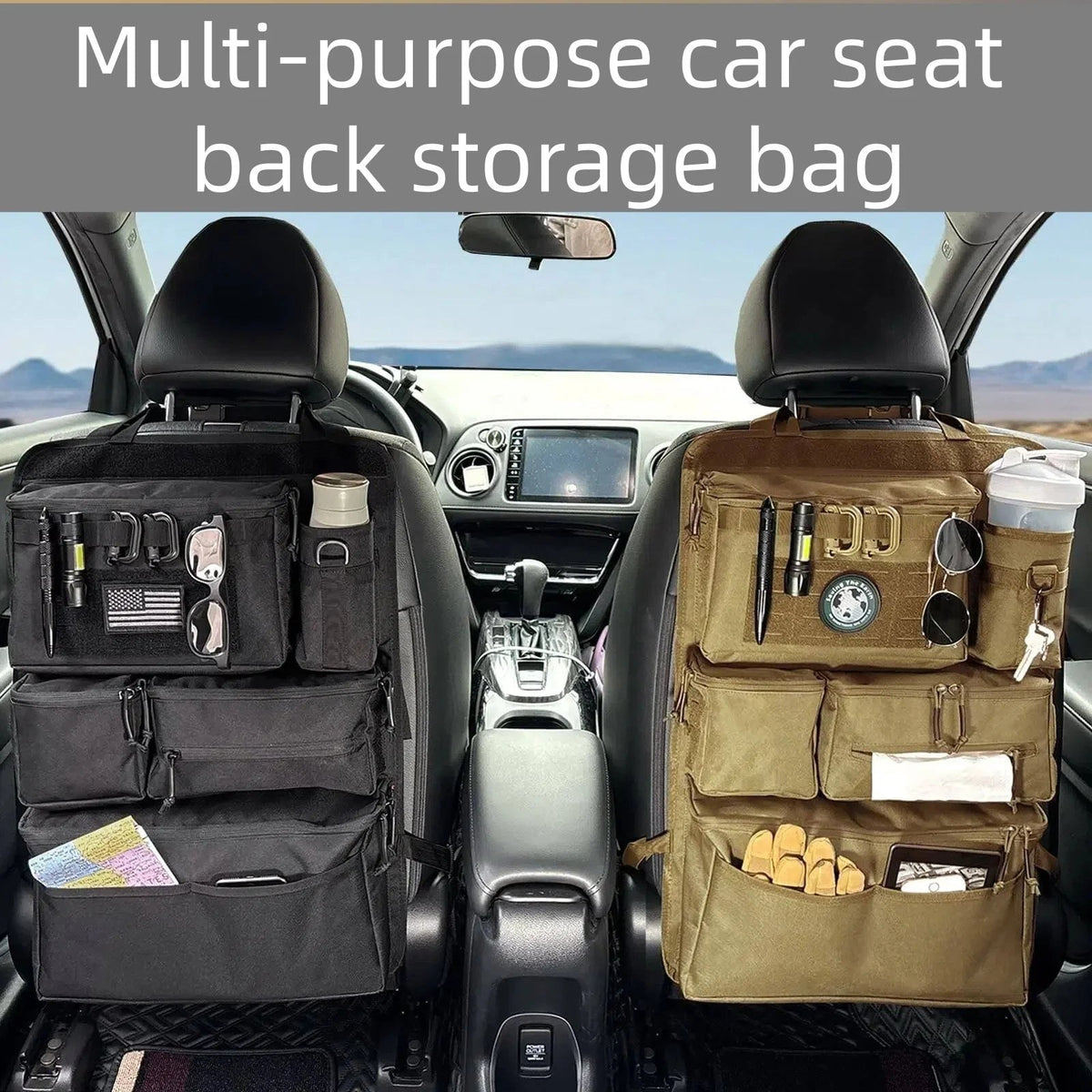 A black organizer on the driver seat and a khaki one on the passenger seat, both loaded with pens, glasses, bottles and maps, seen from the back seat