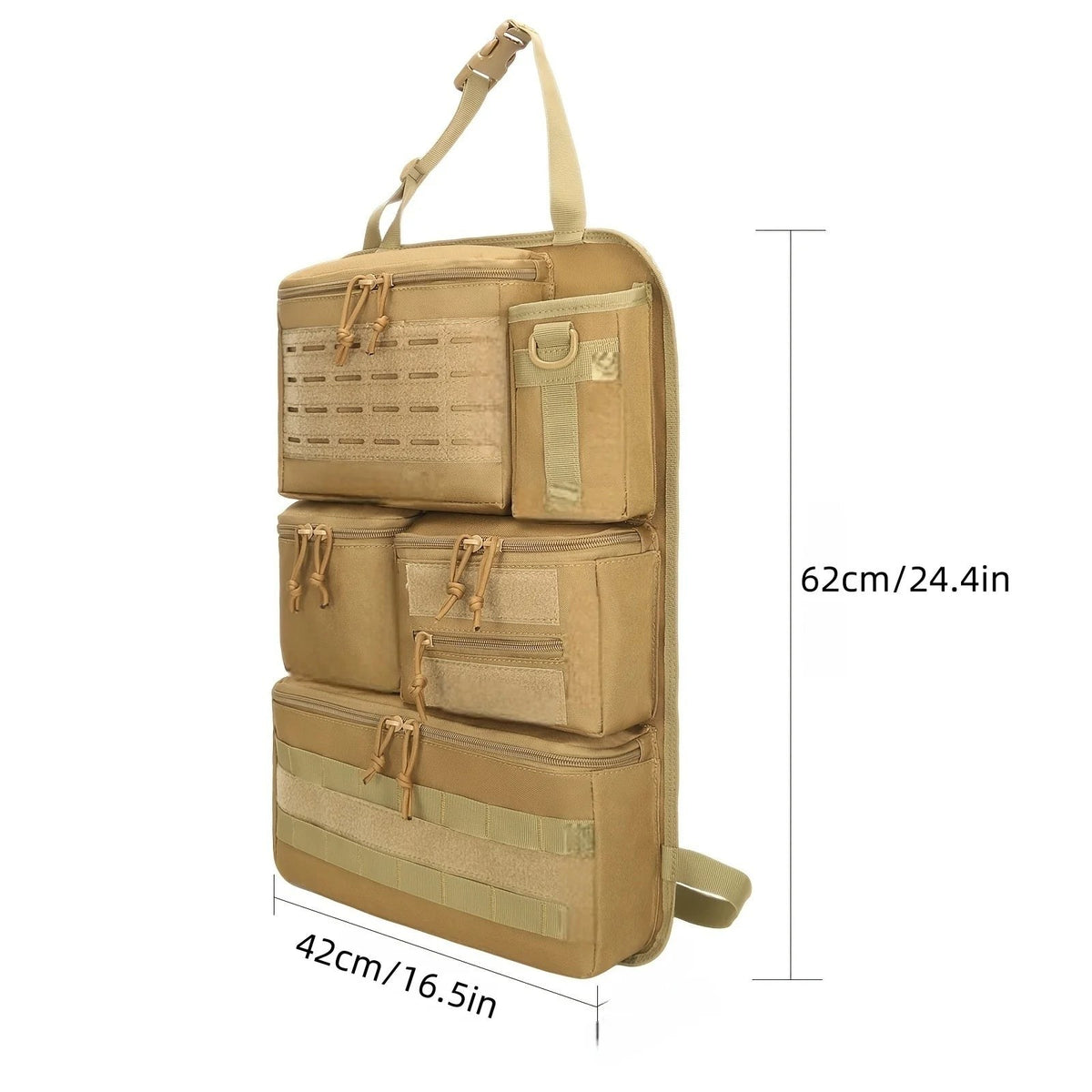 Khaki organizer with its dimensions marked: 62 cm / 24.4 in tall and 42 cm / 16.5 in wide