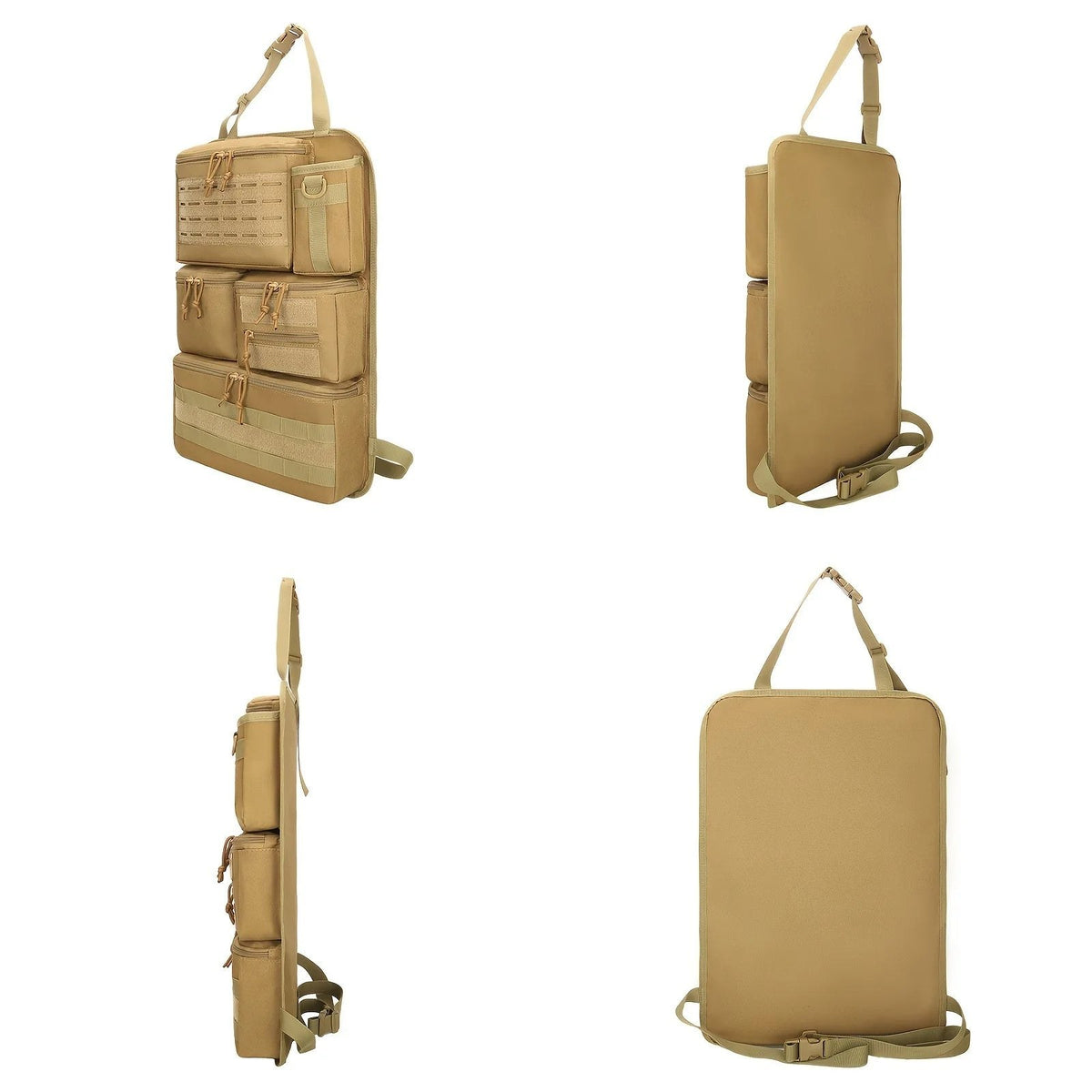The khaki organizer from four sides: front, side with the pouches in profile, edge-on, and the plain back panel with its straps