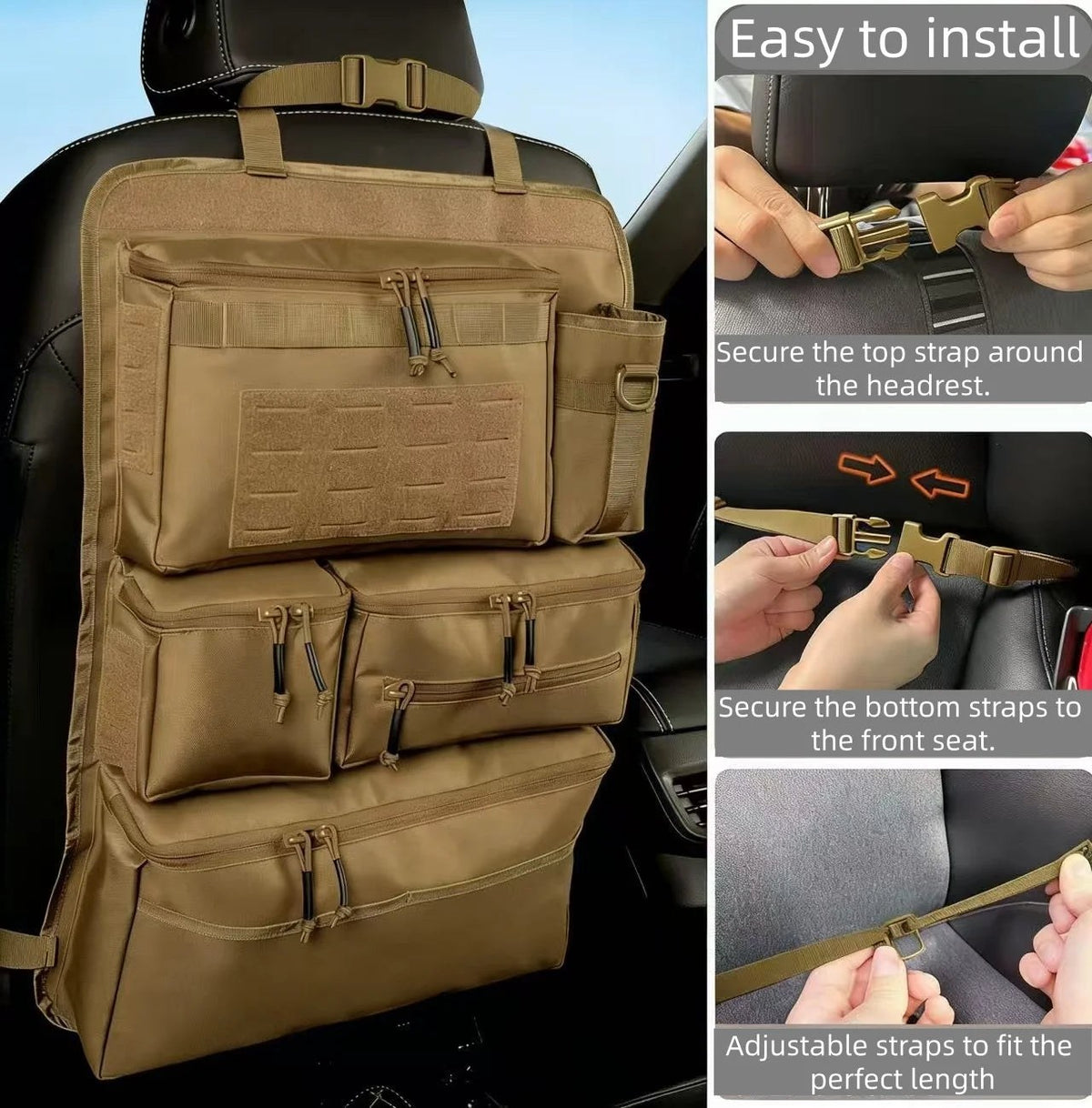 Khaki organizer on a seat back with three installation close-ups: the top strap buckled around the headrest, the bottom straps around the seat, and the strap being adjusted