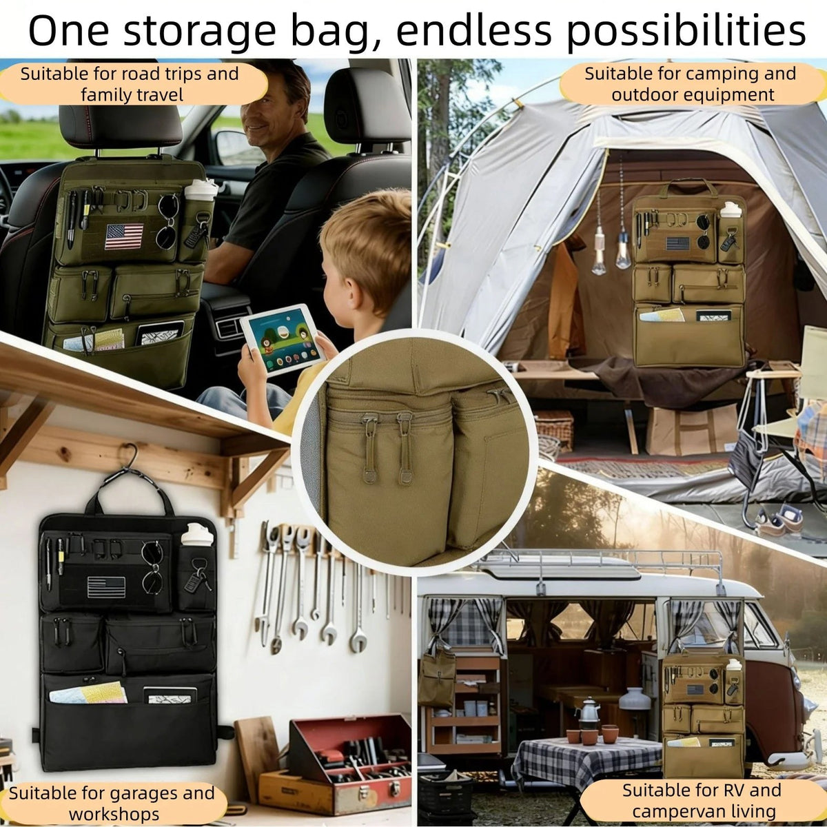 Four uses of the organizer in black and khaki: on a road trip, inside a tent at a campsite, on a garage workshop wall and in a camper van