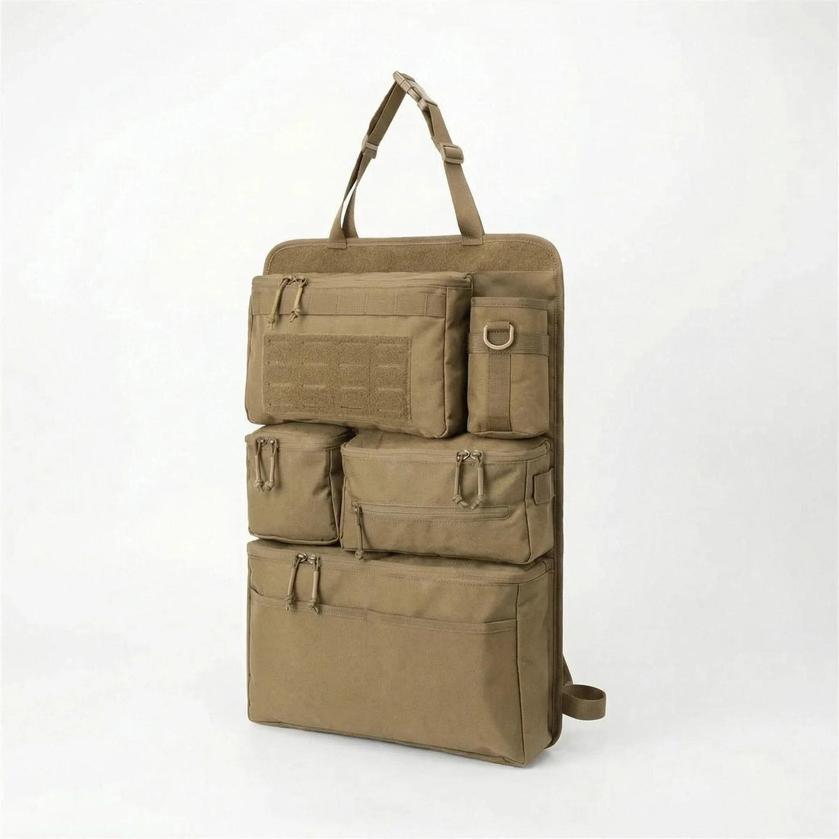 Khaki seat-back organizer on a plain background, front view showing the top pouch with its MOLLE panel, the side pocket with a D-ring, two zippered pouches and the wide base compartment