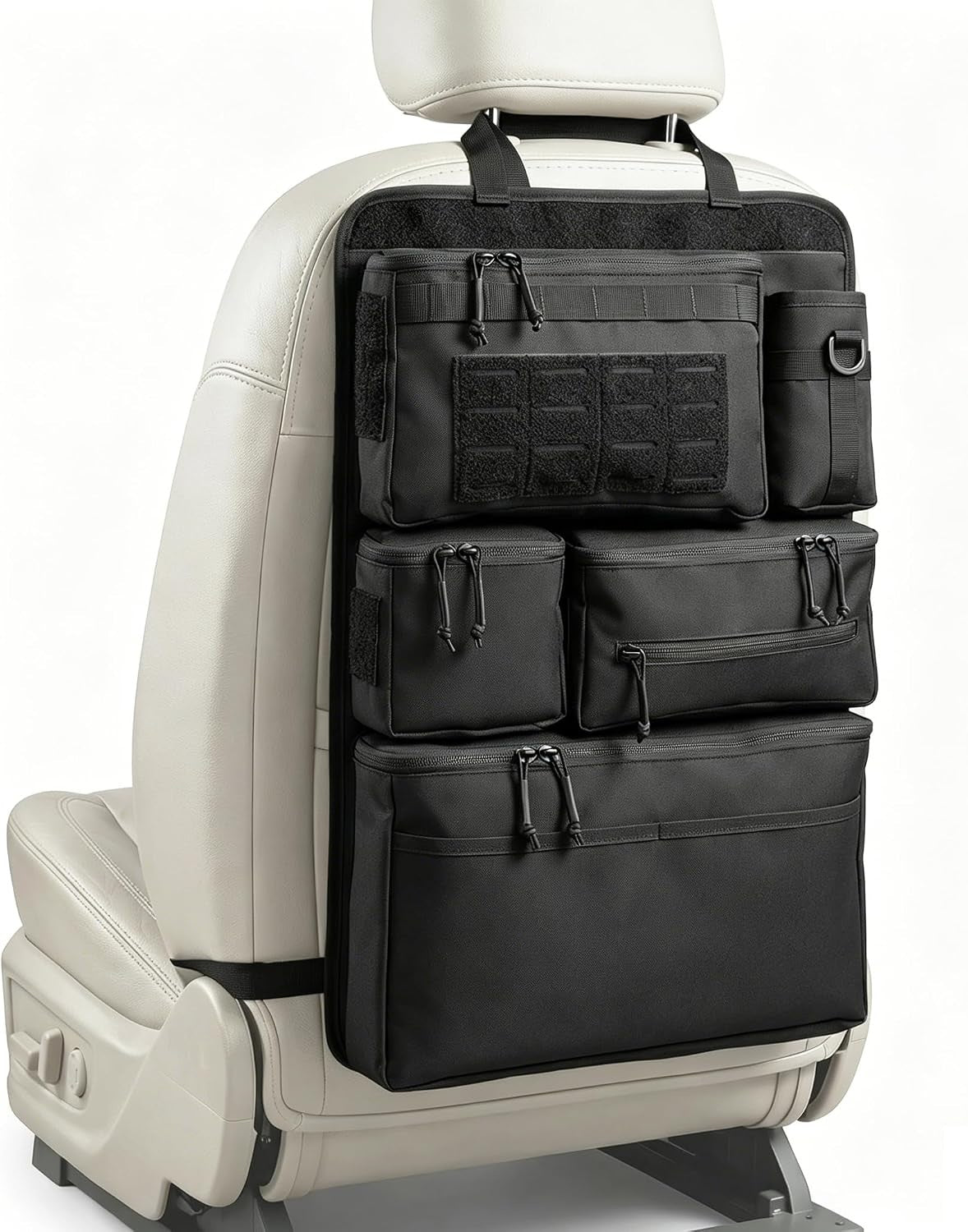 Black seat-back organizer strapped to the back of a light car seat, showing its top pouch, two middle pouches and wide base compartment