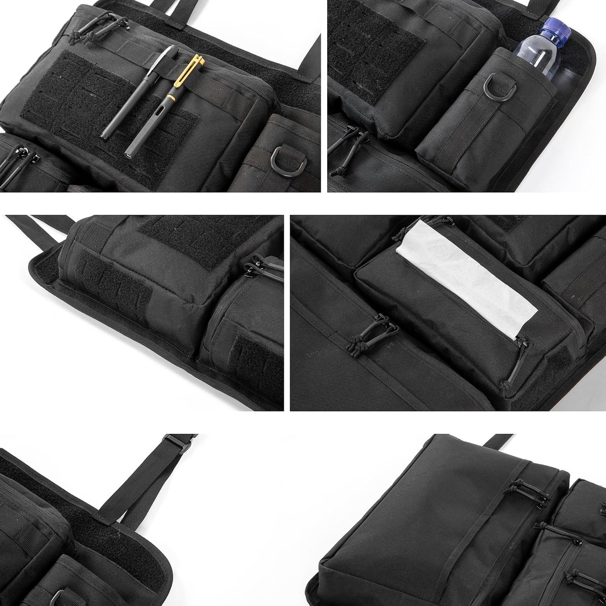 Six close-ups of the organizer: pens in the top pouch, a bottle in the side pocket, the tissue sleeve, the zippers, the top strap and the back panel