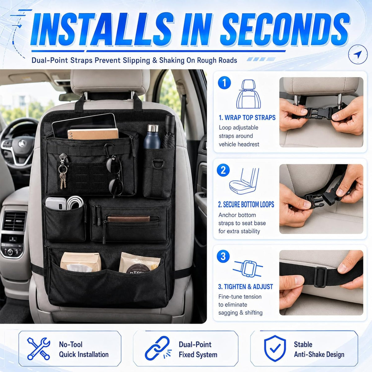 Three installation steps beside the organizer on a seat: wrap the top straps around the headrest, secure the bottom loops, then tighten and adjust