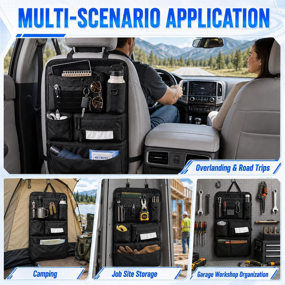 The organizer in use on a road trip, and hung at a campsite, on a job site and on a garage workshop wall