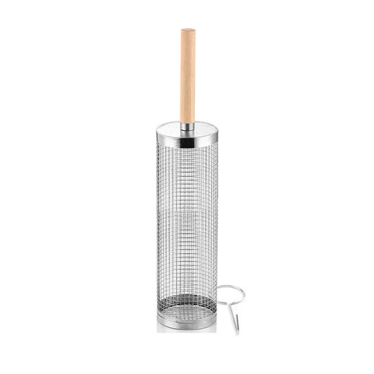 One stainless steel mesh grill basket with its wooden handle and lifting hook