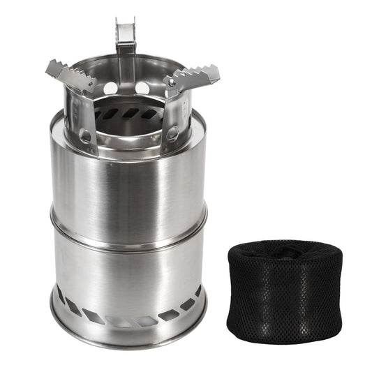 The camp stove assembled, next to its black mesh carry bag